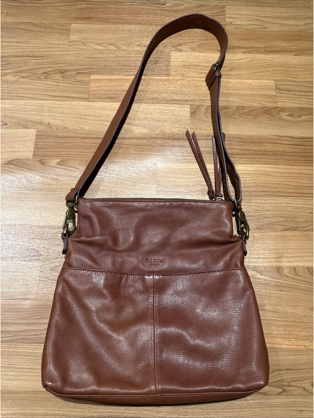 Margot NY Mickey Double Zip Cognac Leather Crossbody Bag Brown